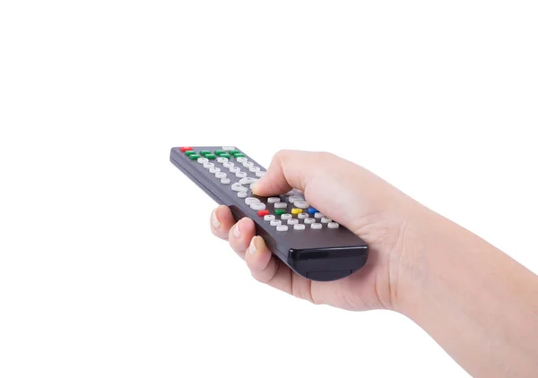 Hand met tv afstandsbediening geïsoleerd op wit — Stockfoto
