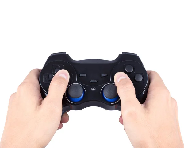 Hand playing joystick isolated on white (with clipping path) — Stock Photo, Image