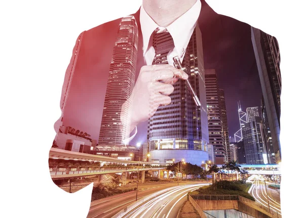 İş adamı tekrar cebinden bir kalem seçmek çift pozlama