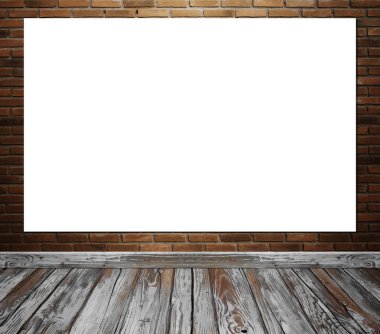 Oda iç tuğla ile boş poster duvar ve ahşap zemin bac