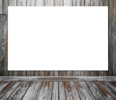 Oda iç ahşap duvar ve zemin adam ile boş poster