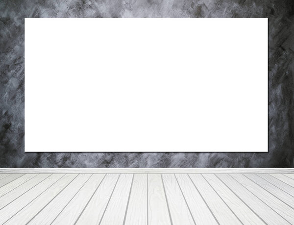 Empty white poster in room interior with concrete wall and floor background