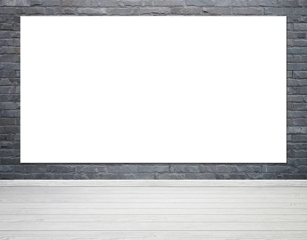 Lege witte poster in kamer interieur met bakstenen muur en houten vloer — Stockfoto