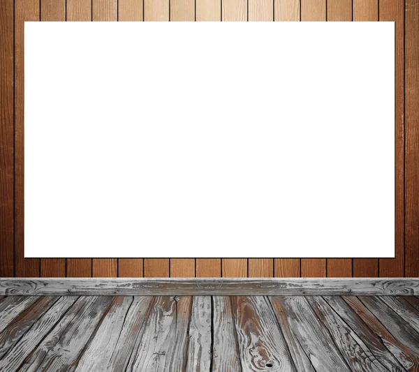 Cartel vacío en el interior de la habitación con pared de madera y fondo de piso — Foto de Stock