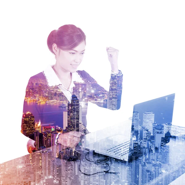 Double exposure of business woman working with laptop against th — Stock Photo, Image