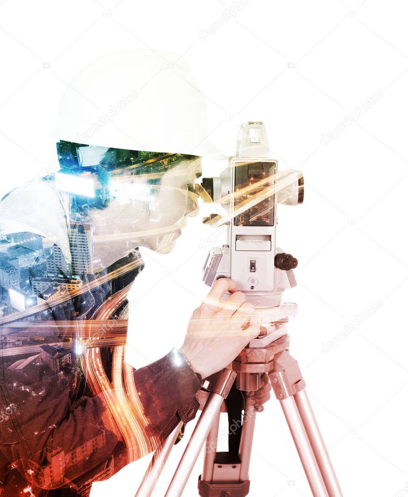 Double exposure of engineer working with survey equipment theodo