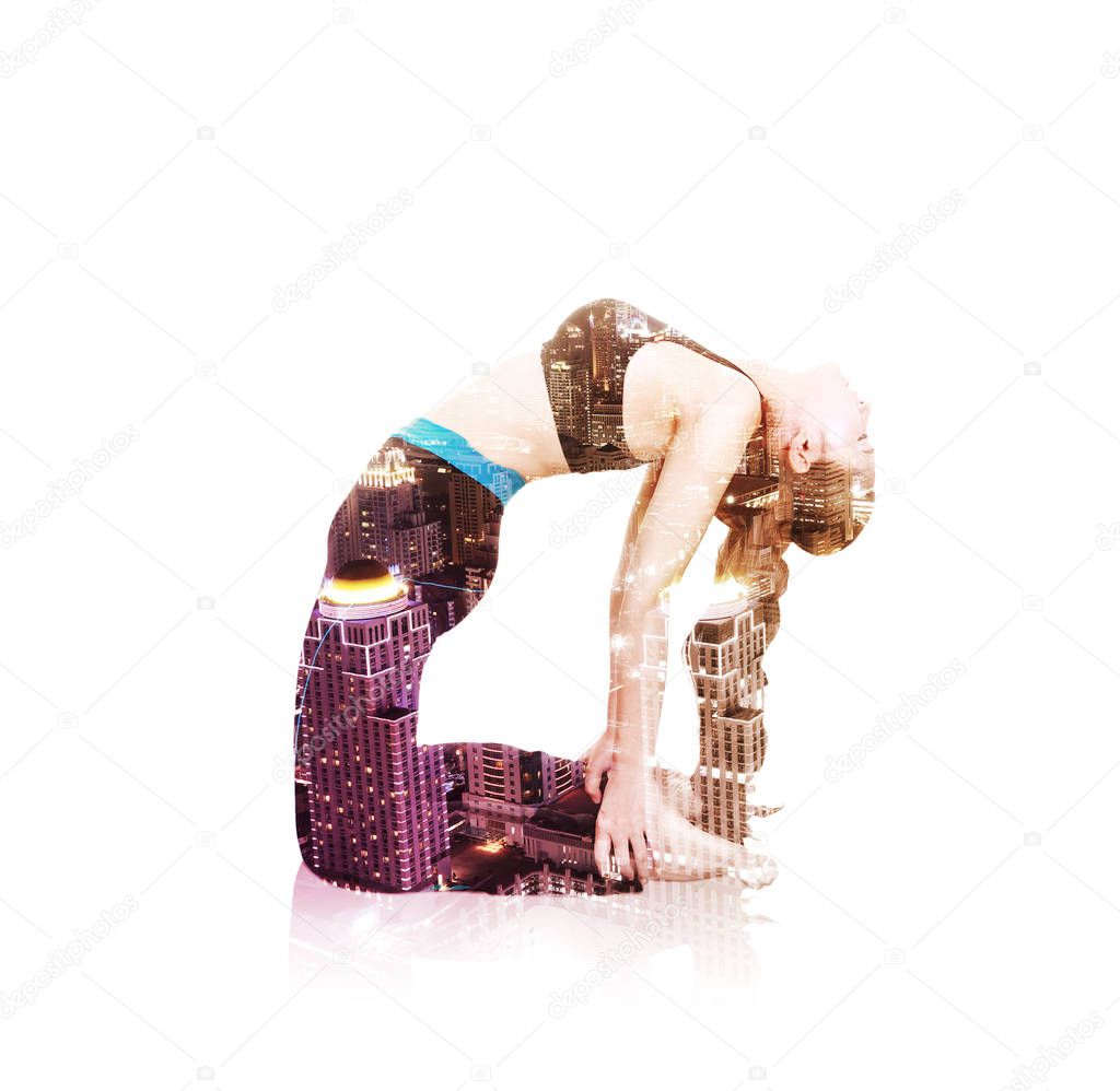 Double exposure of yoga woman against the city isolated on white
