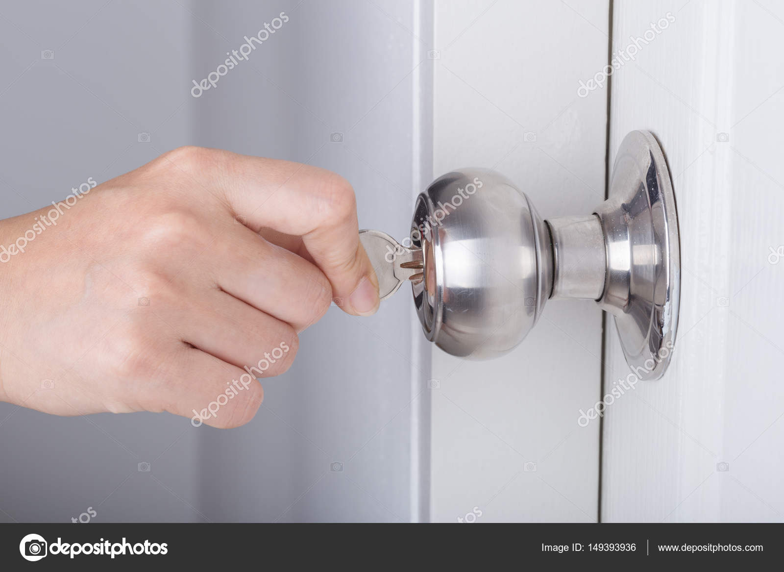 Hand Use The Key For Unlocking Door Knob On White Door