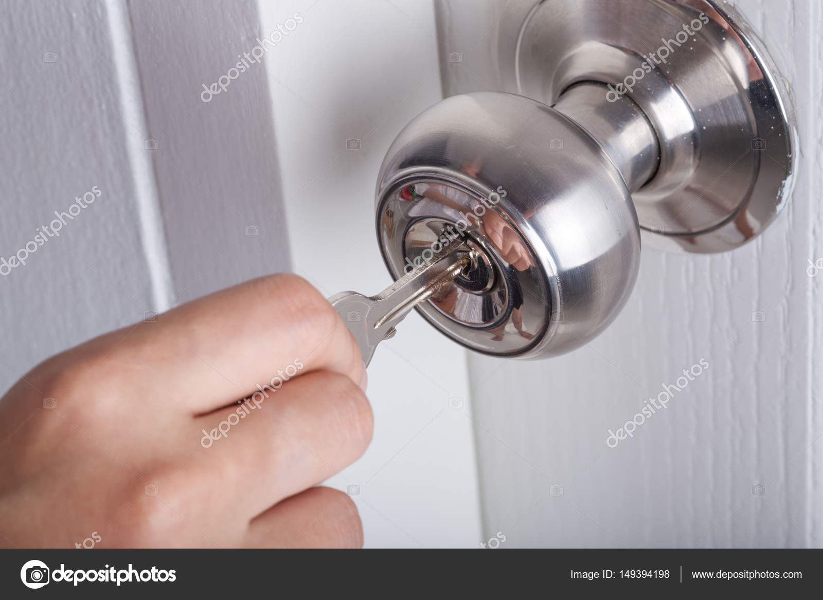 Hand Use The Key For Unlocking Door Knob On White Door