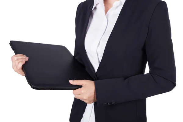 ビジネスの女性 (cl と白い背景で隔離のノート パソコンと — ストック写真