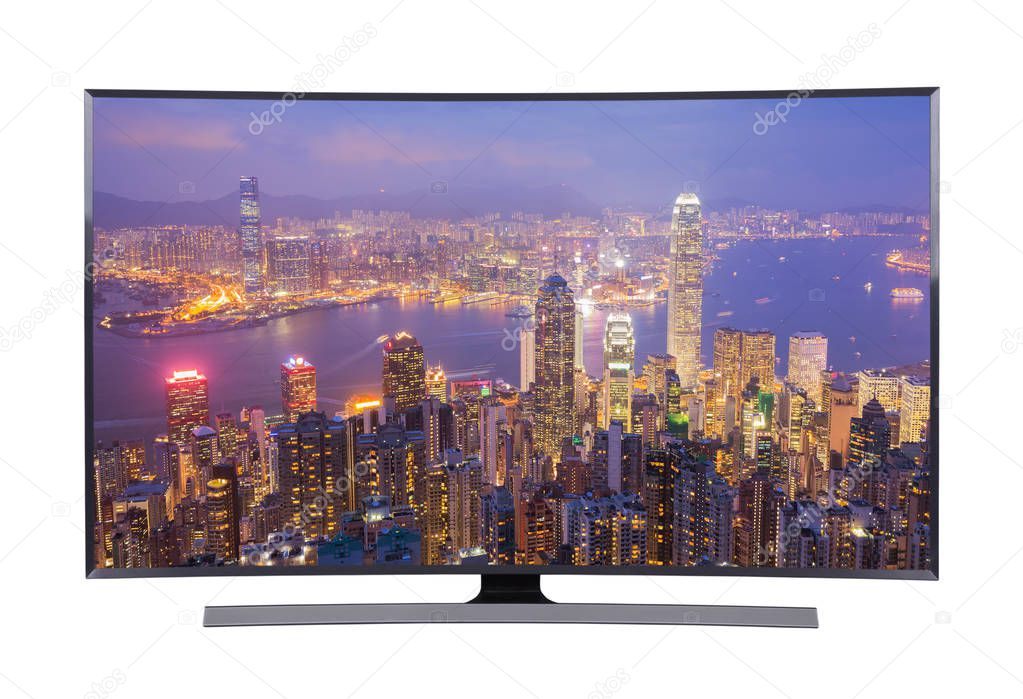 led tv with cityscape view isolated on white background