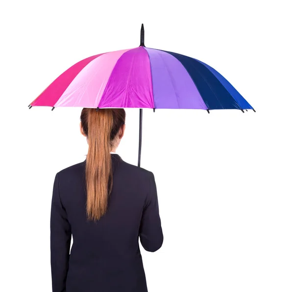 Πίσω όψη του γυναίκα κρατώντας ομπρέλα που απομονώνονται σε λευκό β — Φωτογραφία Αρχείου