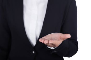 iş kadını açmak bir şey üzerinde beyaz bac izole tutan el