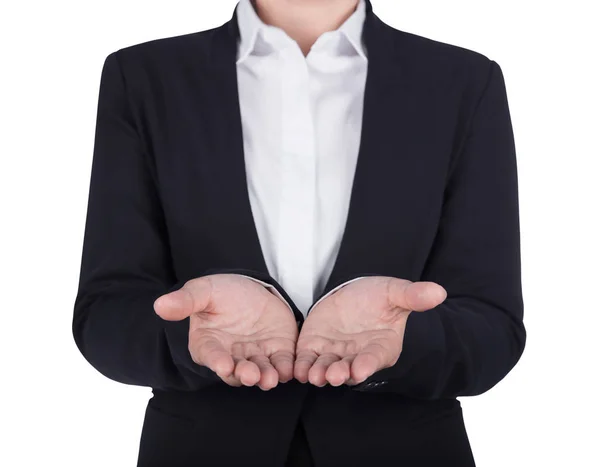 Biznes kobieta otworzyć ręka trzyma coś na białym tle na biały bac — Zdjęcie stockowe