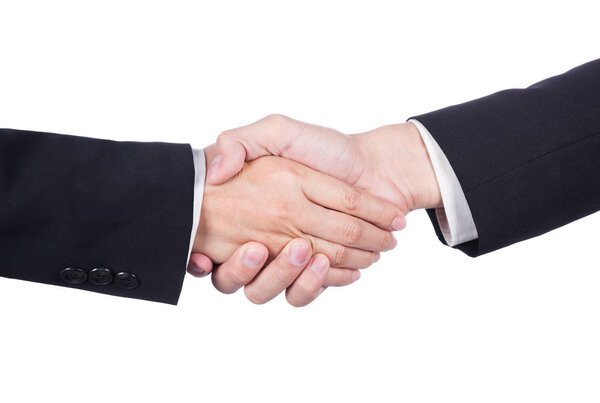 shaking hand between businessman and businesswoman isolated on w