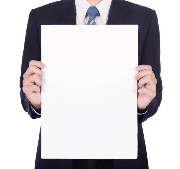 Business man holding a blank paper sheet isolated on white — Stock Photo, Image