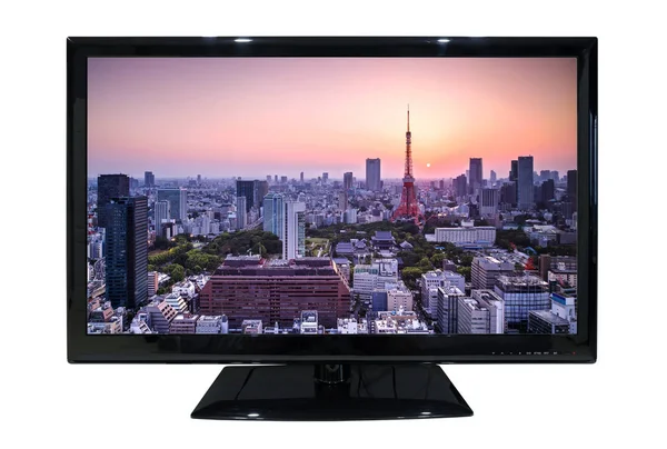 Tv led grande con vista al paisaje urbano aislado sobre fondo blanco — Foto de Stock