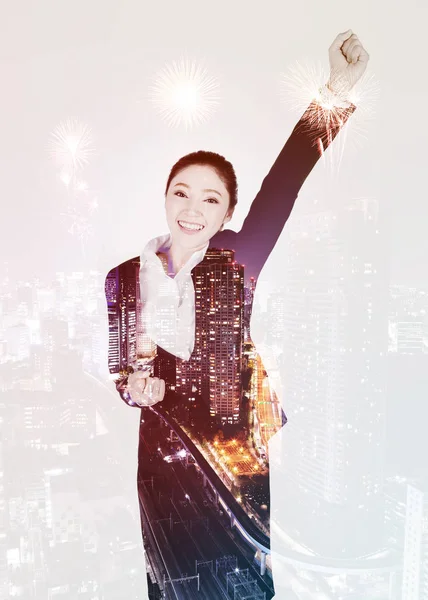 Double exposure of success business woman with city firework bac — Stock Photo, Image