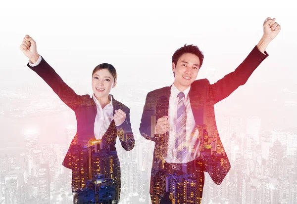 Double exposure of successful business man and woman with arm ra — Stock Photo, Image