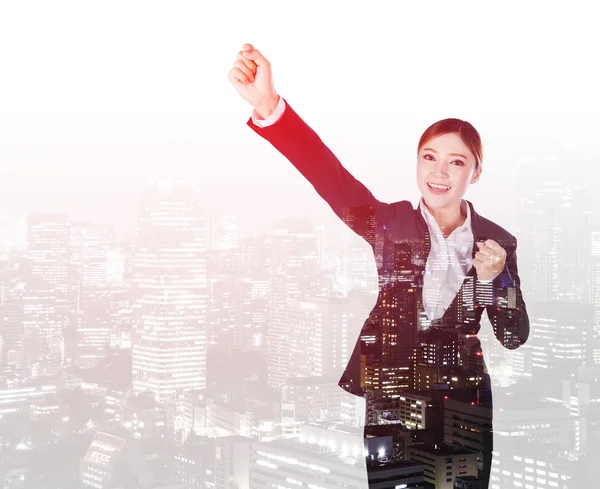 Double exposure of success business woman keeping arms raised wi — Stock Photo, Image