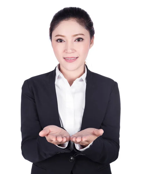 Business woman open hand holding something isolated on white — Stock Photo, Image