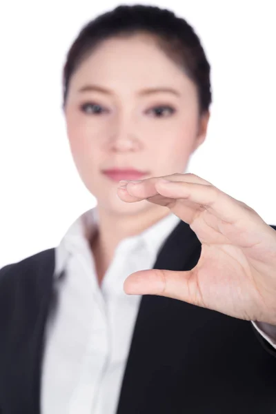 Mujer de negocios mano sosteniendo algo aislado en blanco —  Fotos de Stock