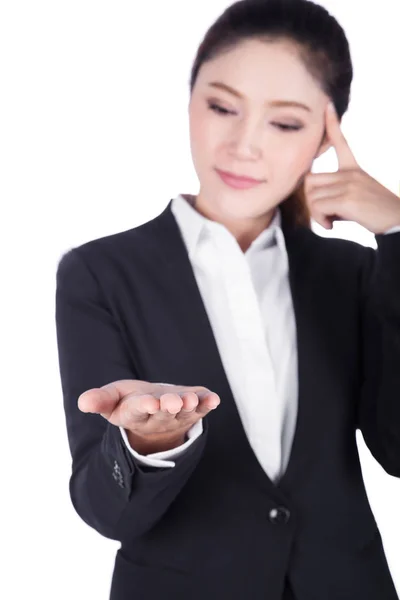 Business woman open hand holding something and thinking — Stock Photo, Image