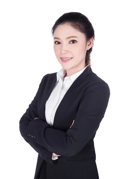 Ritratto donna d'affari in giacca e cravatta. Braccia incrociate. isolato su bianco — Foto Stock
