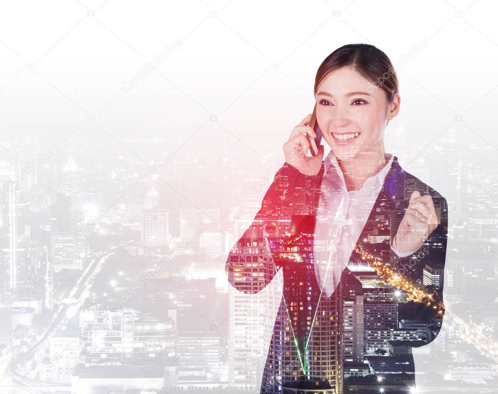 double exposure of happy business woman talking on smartphone wi