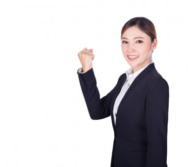 Beyaz izole başarılı iş kadını ile kol kaldırdı 