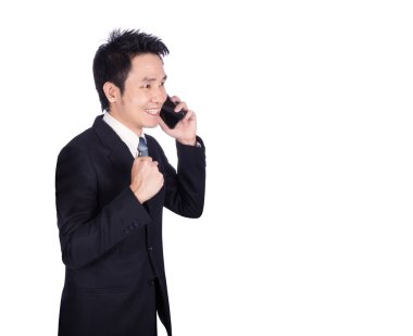 mutlu işadamı beyaz izole smartphone cep telefonu ile konuşmak 