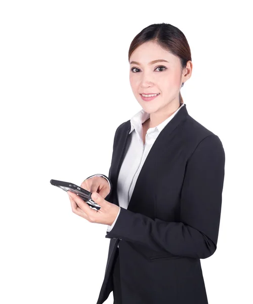 Mujer de negocios utilizando el teléfono inteligente aislado en blanco —  Fotos de Stock