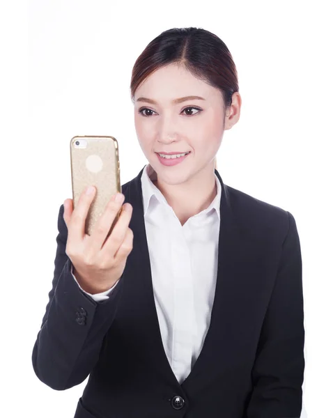 Mujer de negocios tomando foto selfie con teléfono inteligente aislado en w —  Fotos de Stock