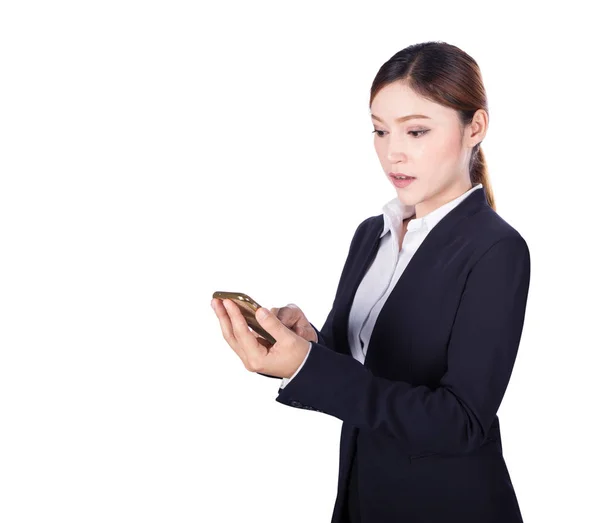 Business woman using smart phone isolated on white — Stock Photo, Image