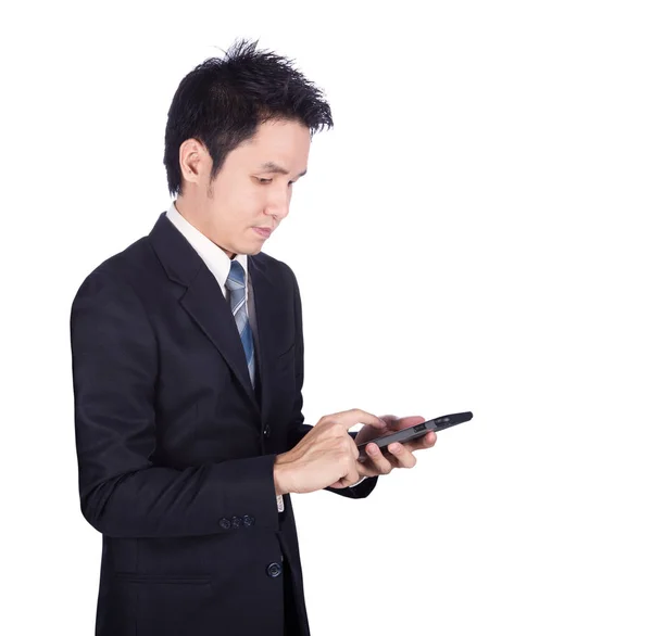 Homem de negócios usando smartphone isolado no branco — Fotografia de Stock