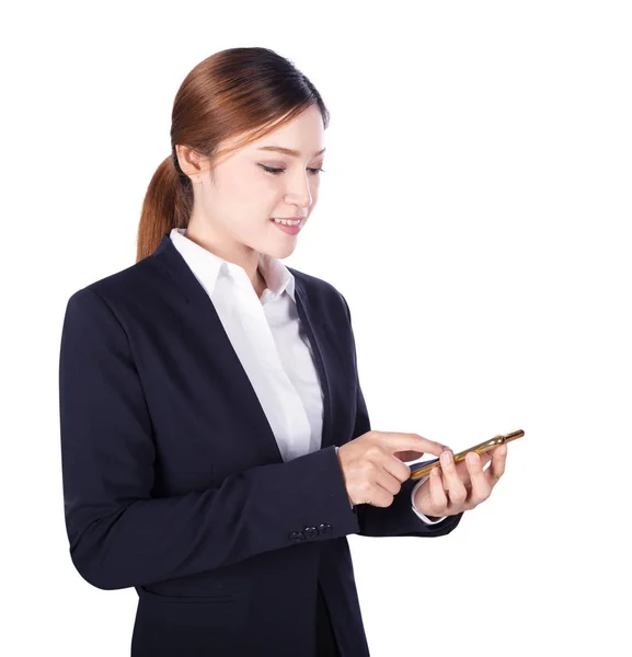 Business woman using smart phone isolated on white — Stock Photo, Image