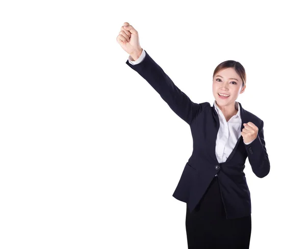 Success business woman keeping arms raised isolated on white — Stock Photo, Image