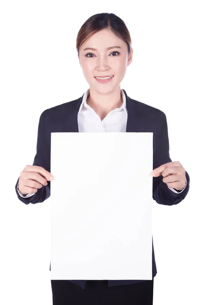 Business woman holding a blank paper sheet isolated on white — Stock Photo, Image