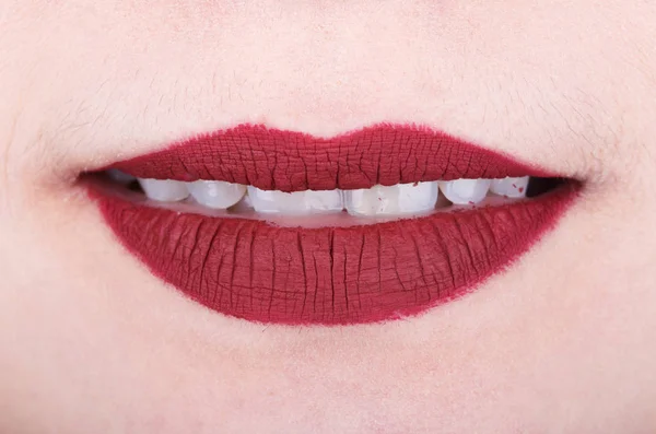 Womans lips with red glossy lipstick — Stock Photo, Image