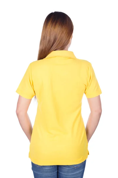 Woman in yellow polo shirt isolated on white background (back si — Stock Photo, Image