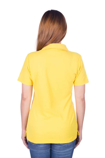 Woman in yellow polo shirt isolated on white background (back si — Stock Photo, Image