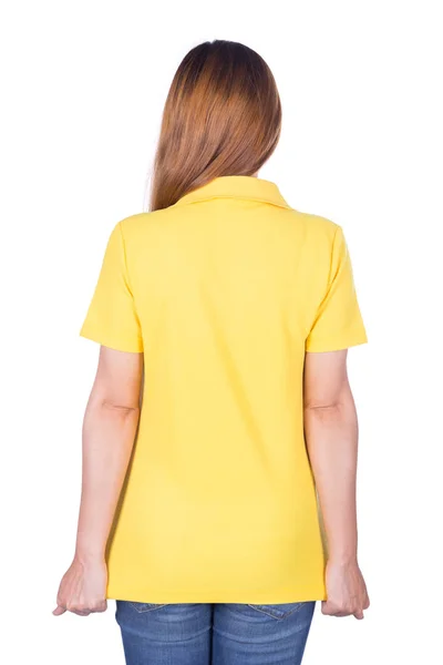 Woman in yellow polo shirt isolated on white background (back si — Stock Photo, Image