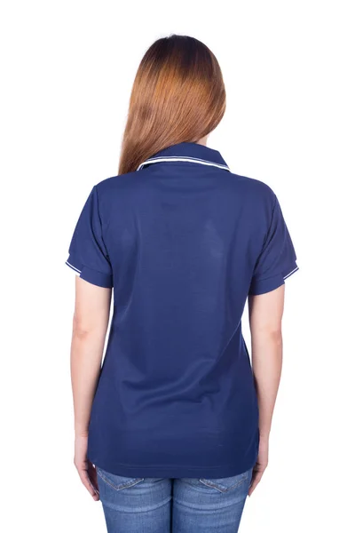 Жінка в синій сорочці поло ізольована на білому тлі (на задній стороні — стокове фото