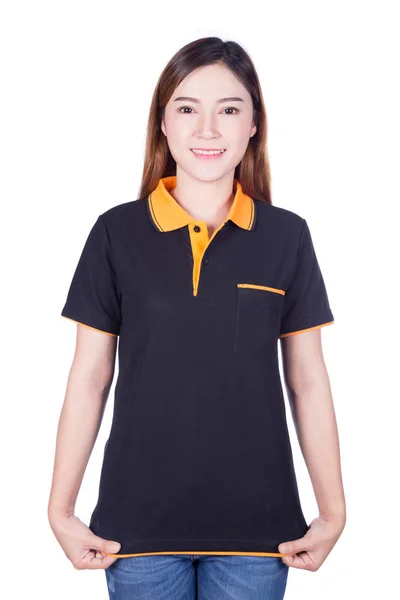 Woman in black polo shirt isolated on white background — Stock Photo, Image
