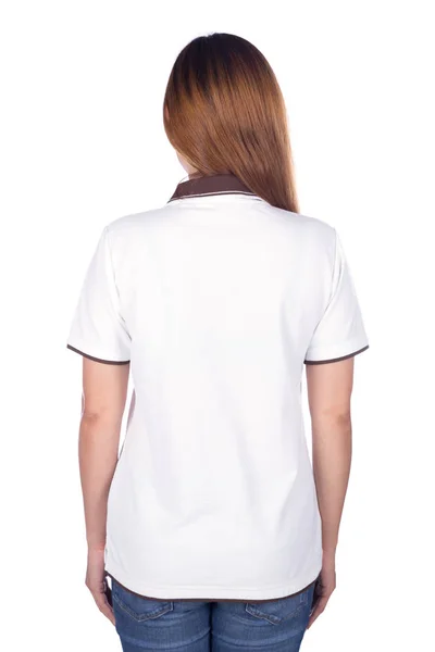 Kvinnan i vit piké isolerad på vit bakgrund (tillbaka sid — Stockfoto