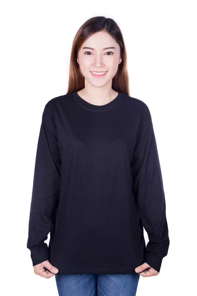 Woman in black long sleeve t-shirt isolated on a white backgroun — Stock Photo, Image