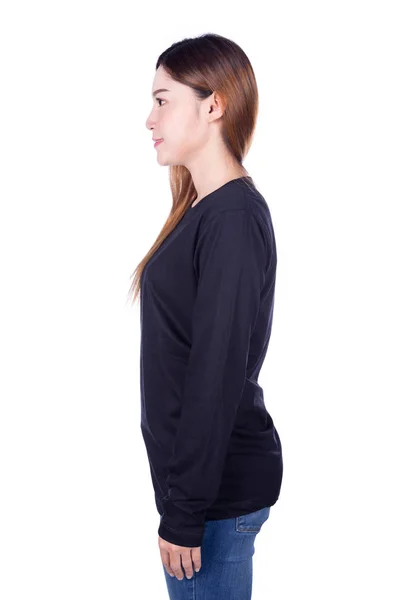 woman in black long sleeve t-shirt isolated on white background