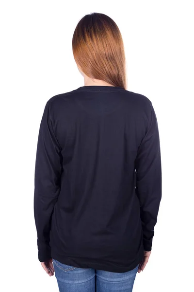 Kvinna i svart långärmad t-shirt isolerad på vit bakgrund — Stockfoto