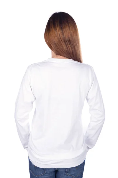 흰색긴 소매 티셔츠를 입고 흰 배경에 고립 된 여성 — 스톡 사진