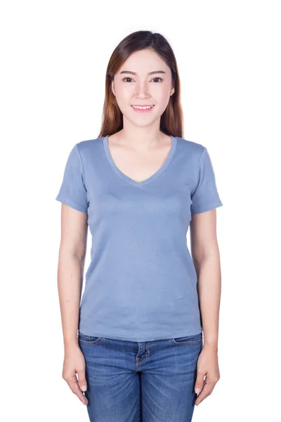 Woman in blue t-shirt isolated on a white background — Stock Photo, Image